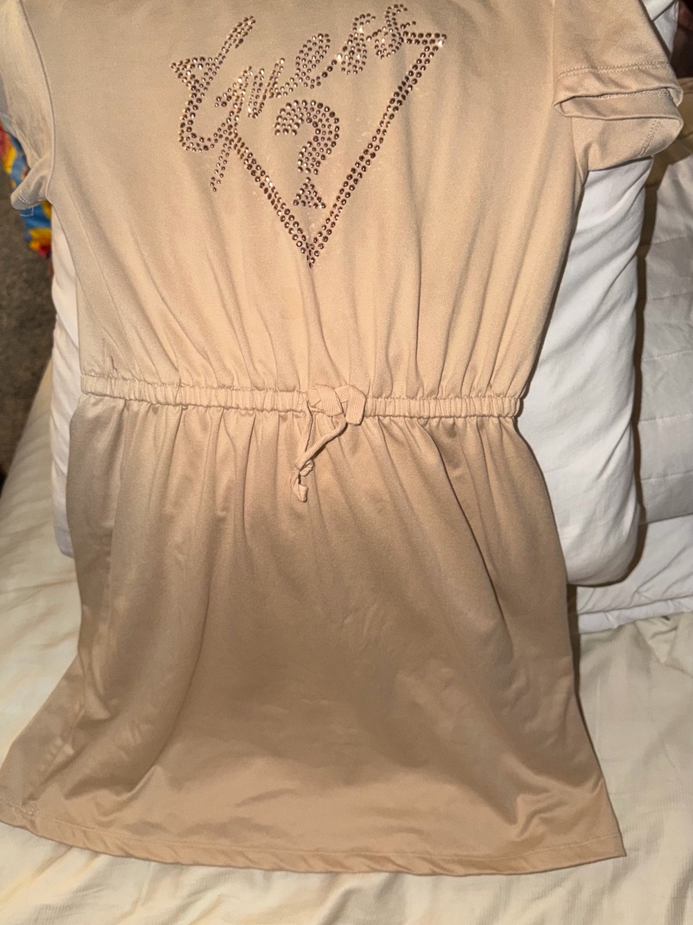 Guess Beige Short Sleeve Drawstring Dress with Rhinestone Logo